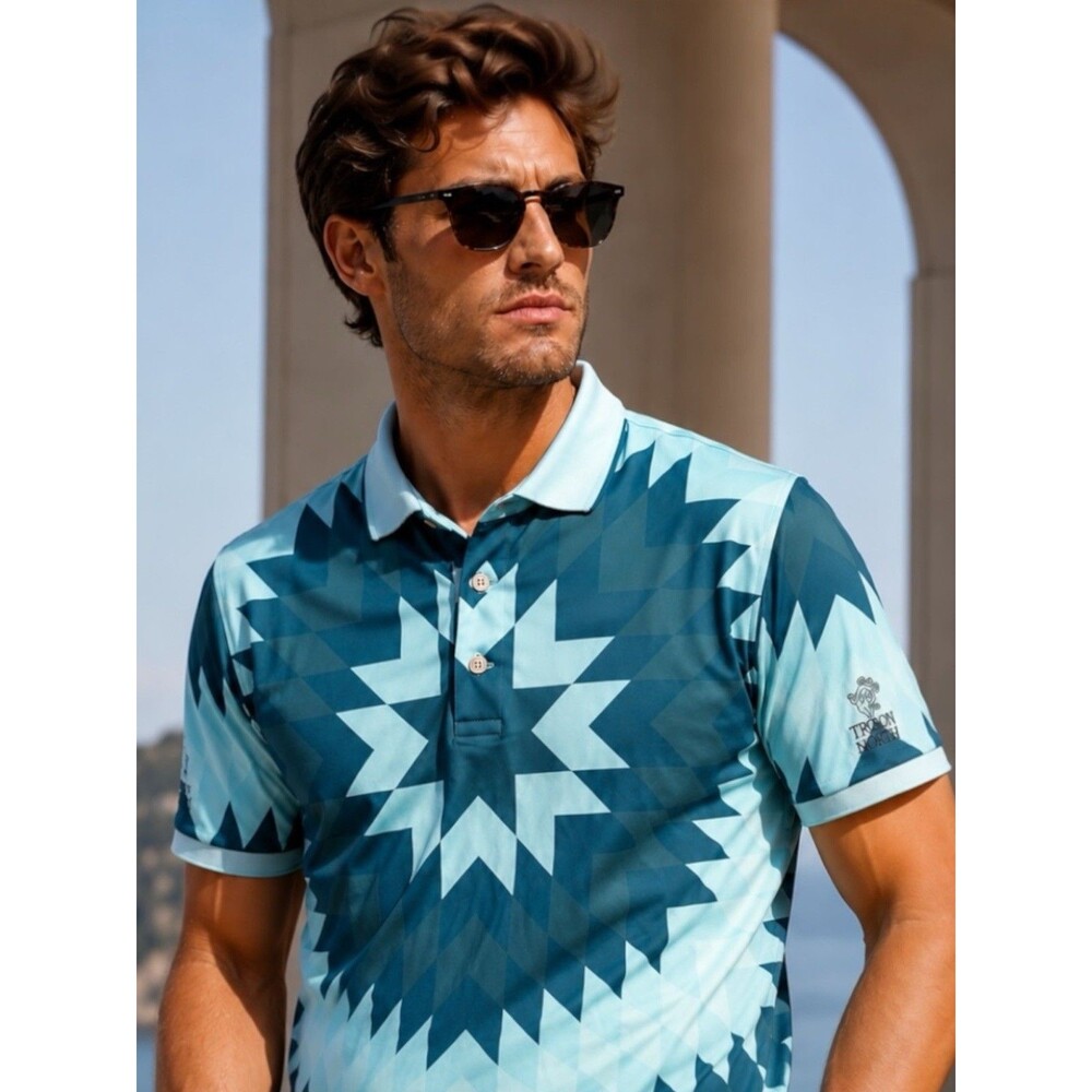 Greyson Polo Shirt Mens M Blue Aztec Geometric Performance Golf Troon North